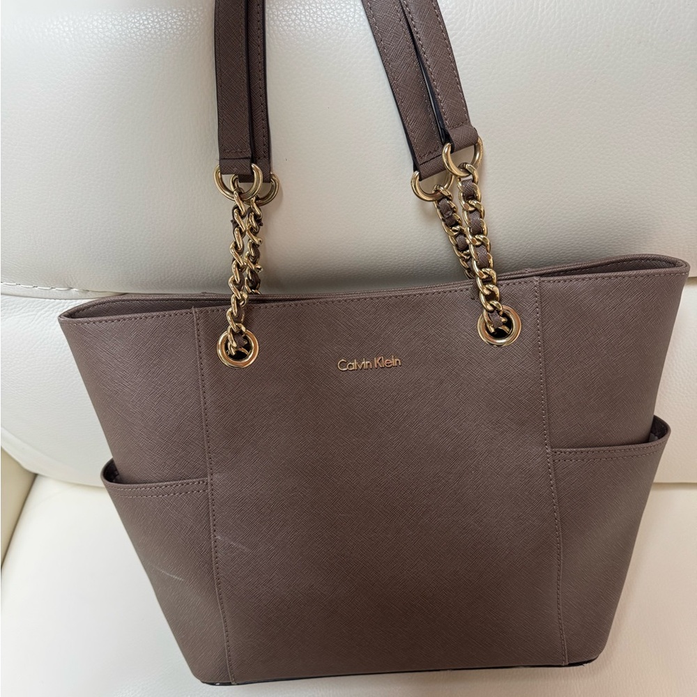 Calvin Klein Chocolate Brown Tote with Gold Accents